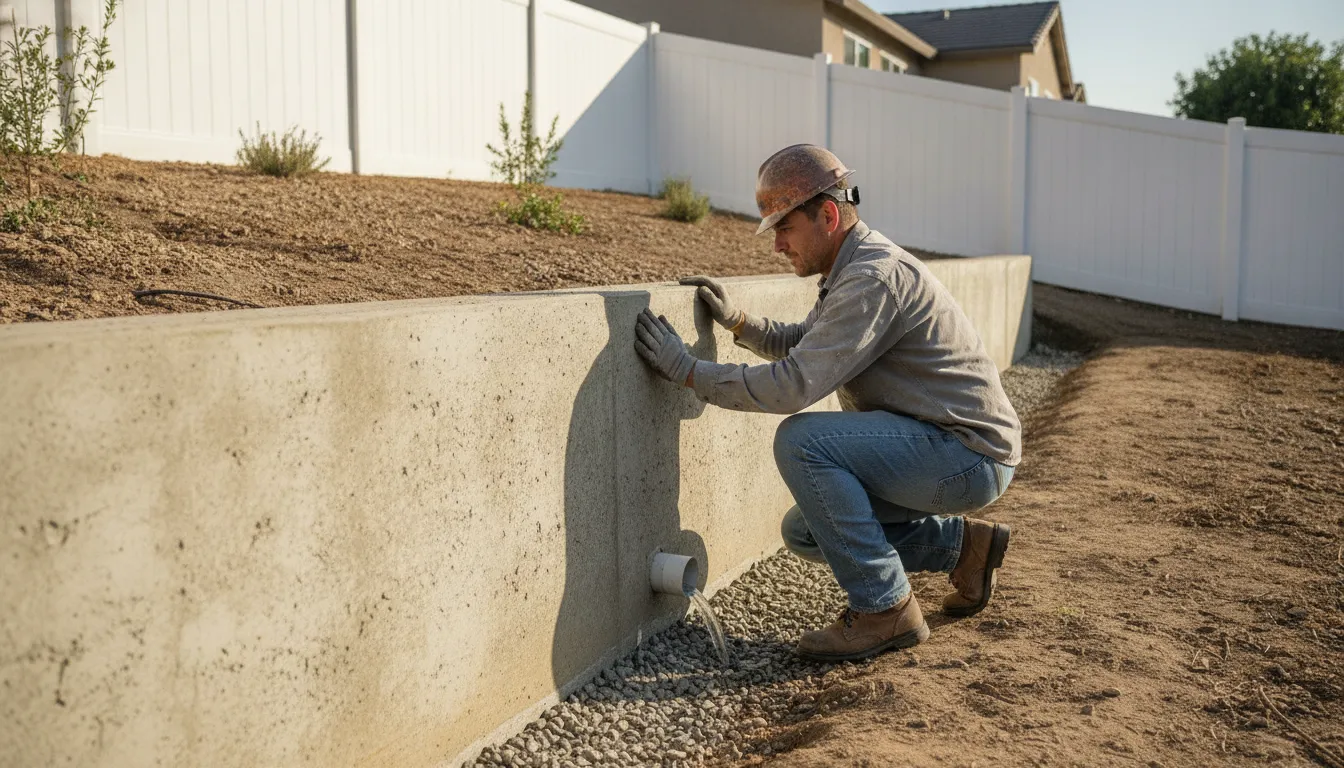 Vinyl Fence on Retaining Wall: Planning Guide 1 Contractor inspecting a retaining wall beside a vinyl fence