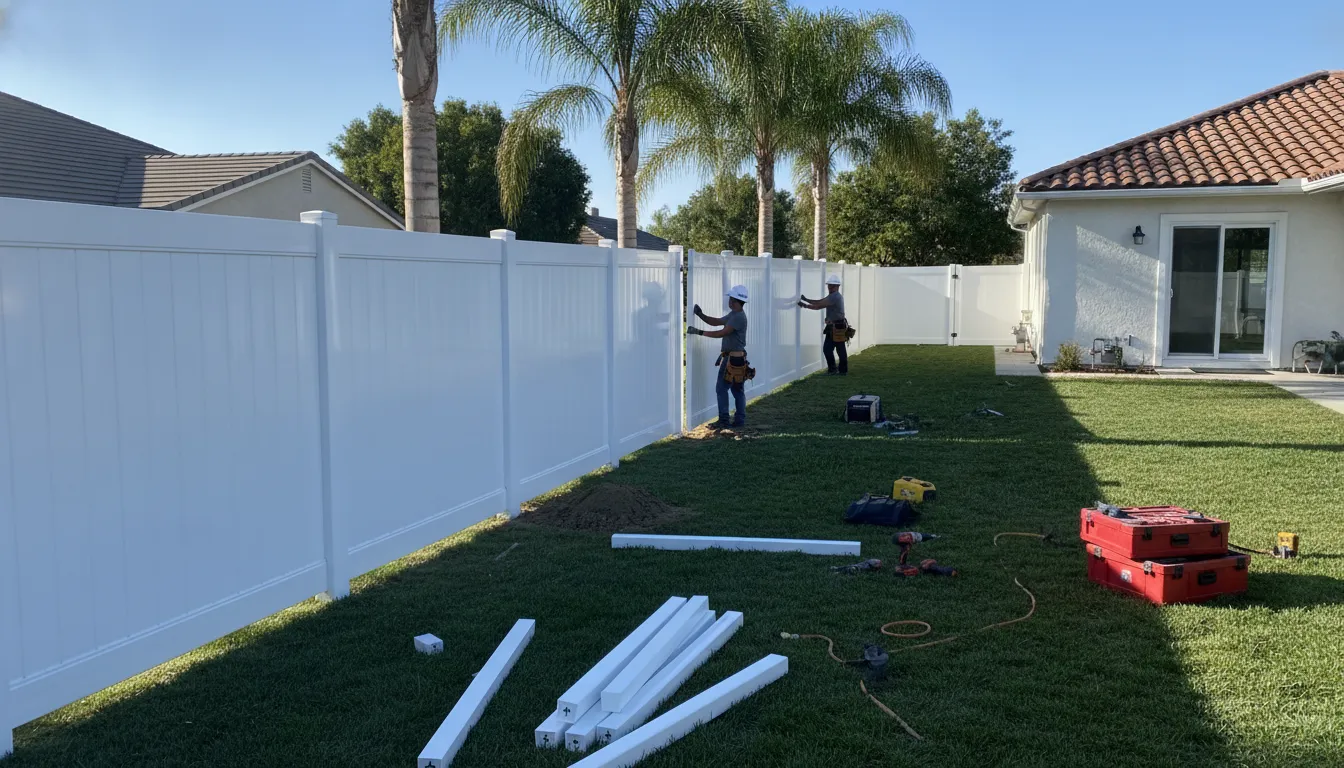 Best Fence for Coastal Areas Orange County: Selection Guide 1 Vinyl fence installation Orange County backyard with white privacy panels