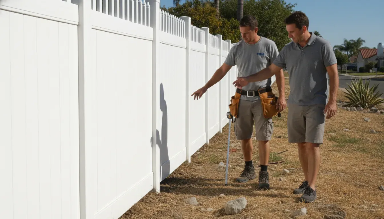 Vinyl Fence Permit Anaheim: Do You Need Approval? 1 Anaheim homeowner and fencing contractor reviewing a vinyl fence property line