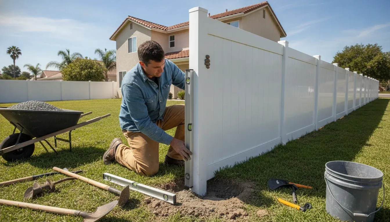 Vinyl Fence Wind Resistance Orange County Guide 1 Installer checking the post alignment of a vinyl privacy fence in an Orange County backyard