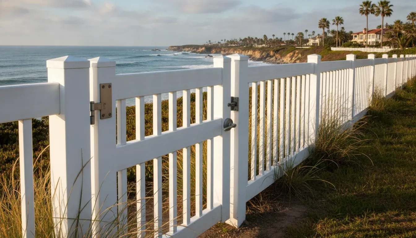 Vinyl Fence Wind Resistance Orange County Guide 2 Open vinyl fence and gate along an Orange County coastal property