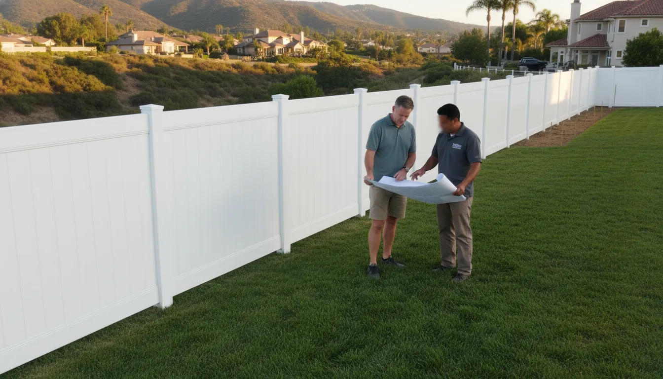 Fence Contractor in Yorba Linda: What to Expect 1 Homeowner reviewing a white vinyl fence plan with a fence contractor in Yorba Linda