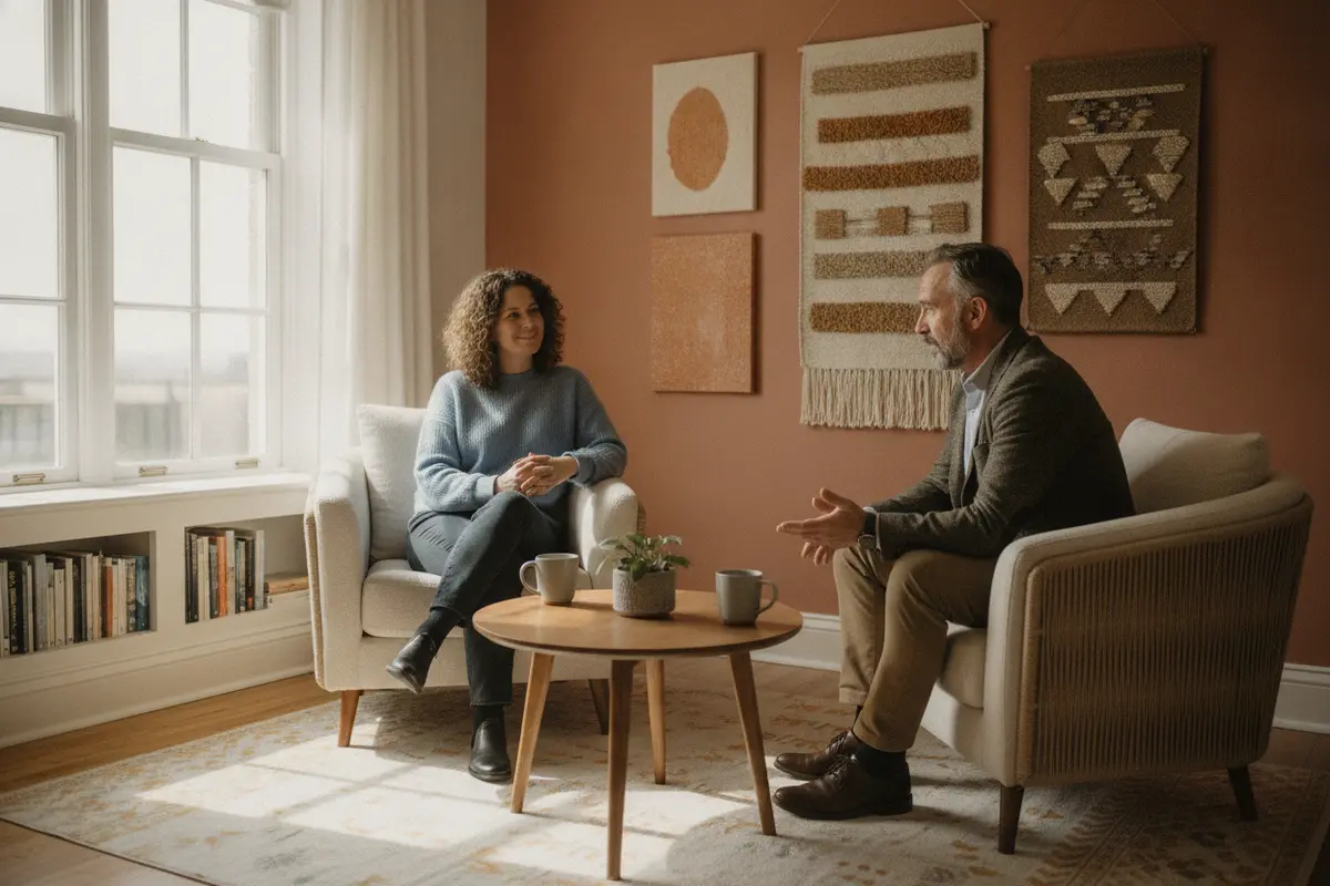 A client and counsellor speaking in a calm, welcoming therapy room