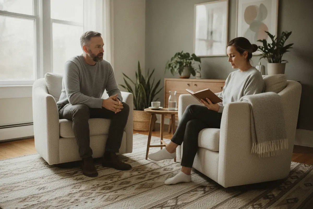 A client considers personal notes during a supportive counselling conversation