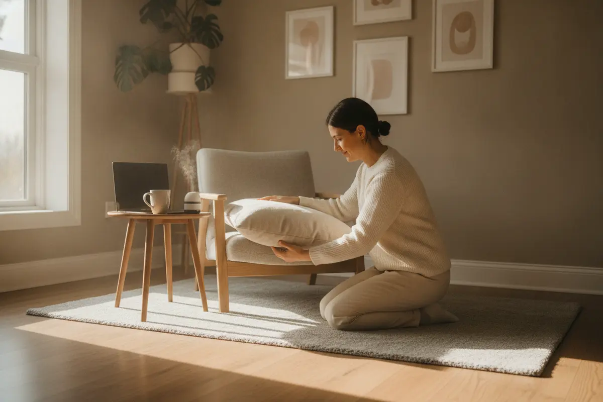 A client preparing a quiet, private space for an online counselling appointment