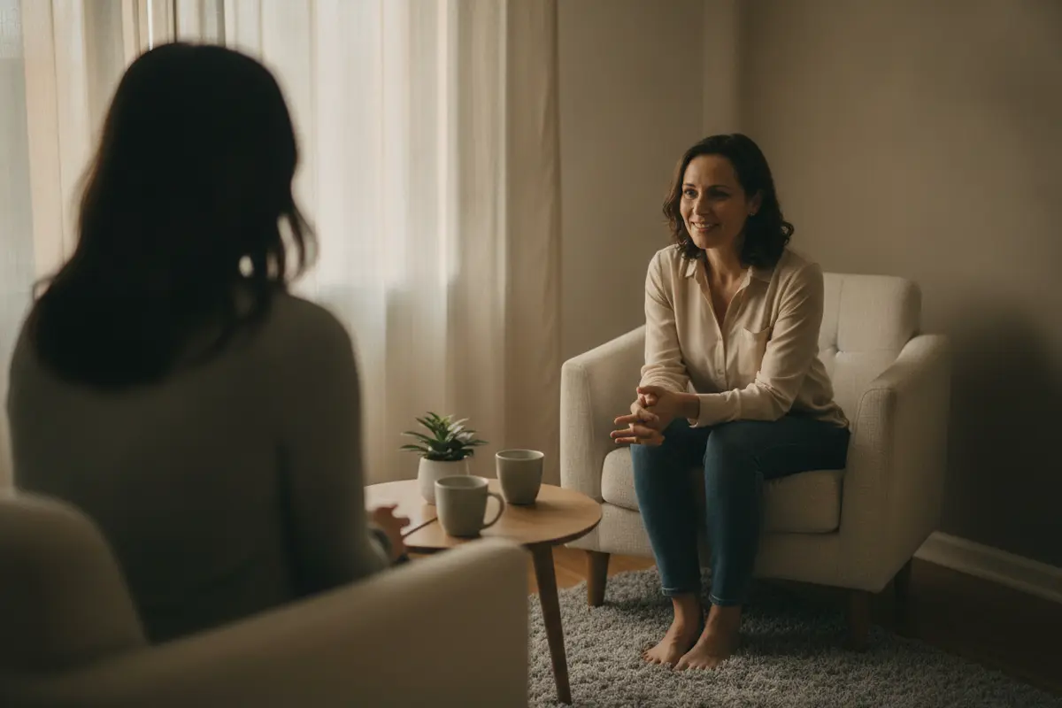 A client speaking with a counsellor in a calm, private setting