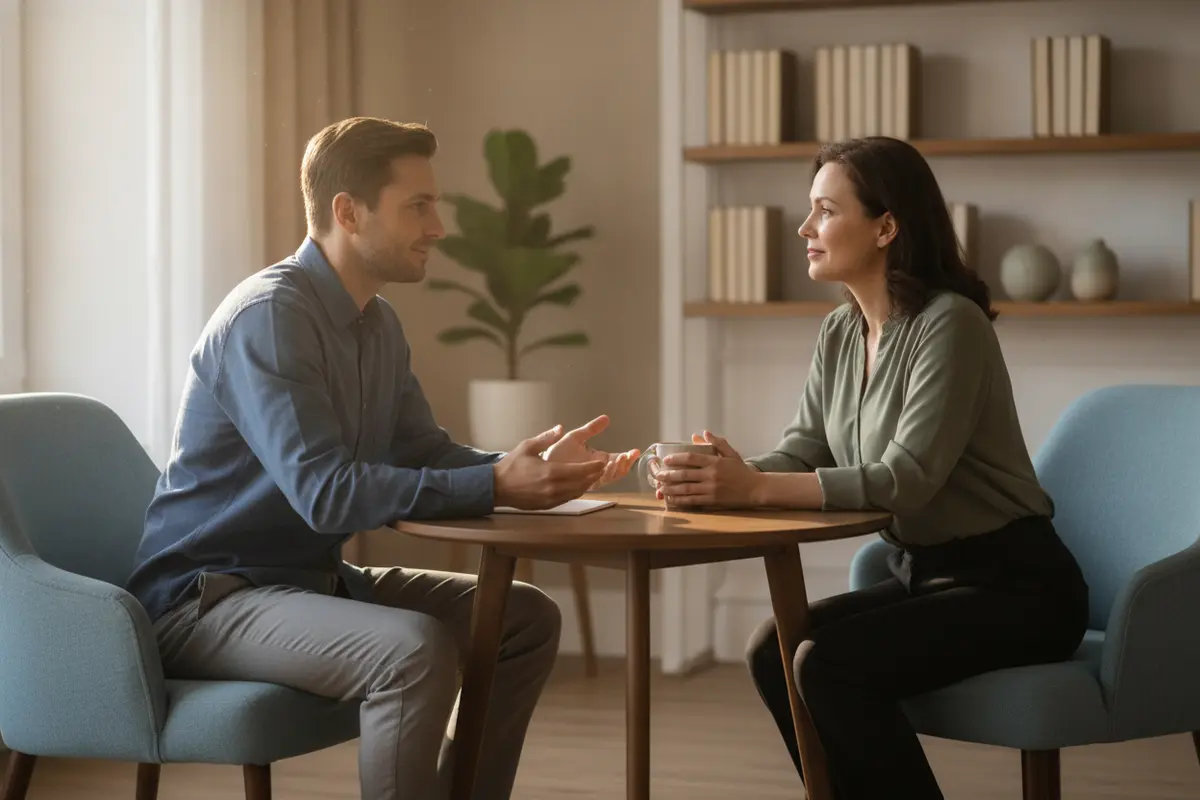 A counsellor and client reviewing support options together at a table