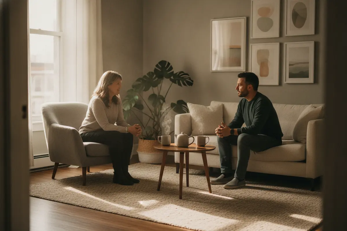 A counsellor and client speaking in a calm, welcoming therapy room