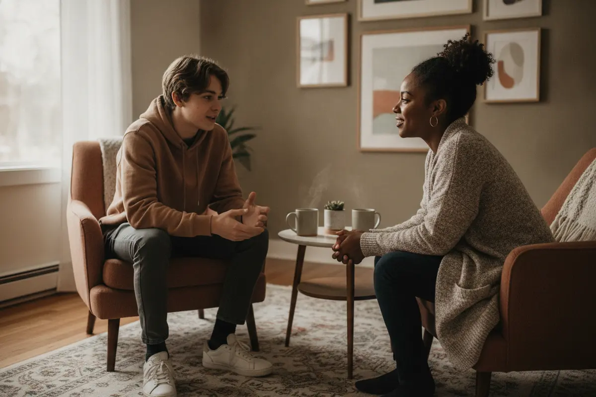 A counsellor listening as a teen shares what has been on their mind