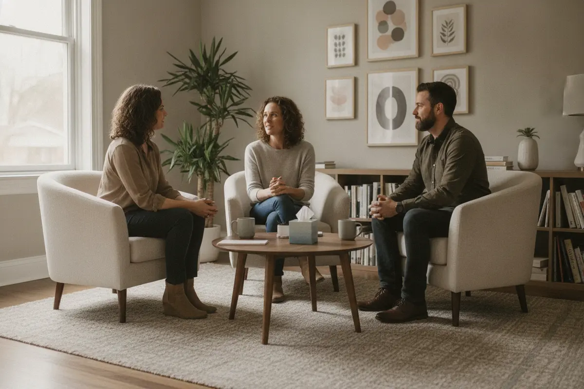 A couple and counsellor talking together in a comfortable counselling office
