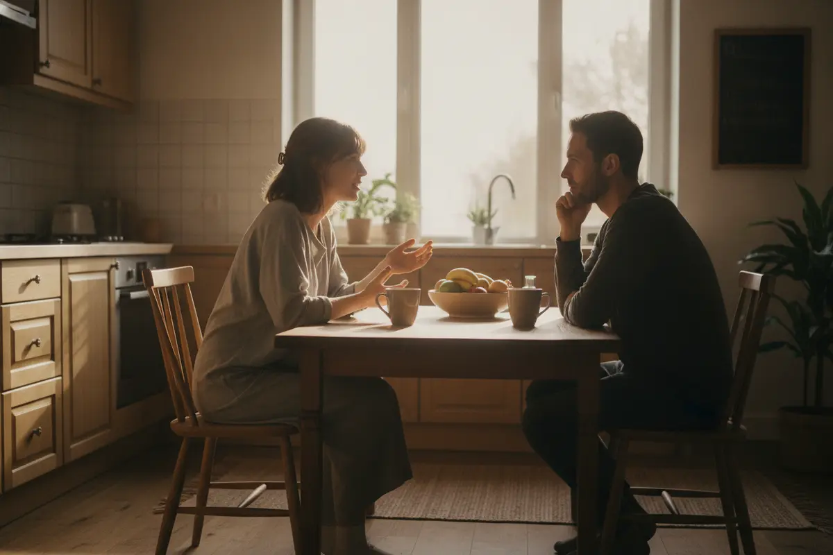 A couple practising attentive listening during a calm conversation at home