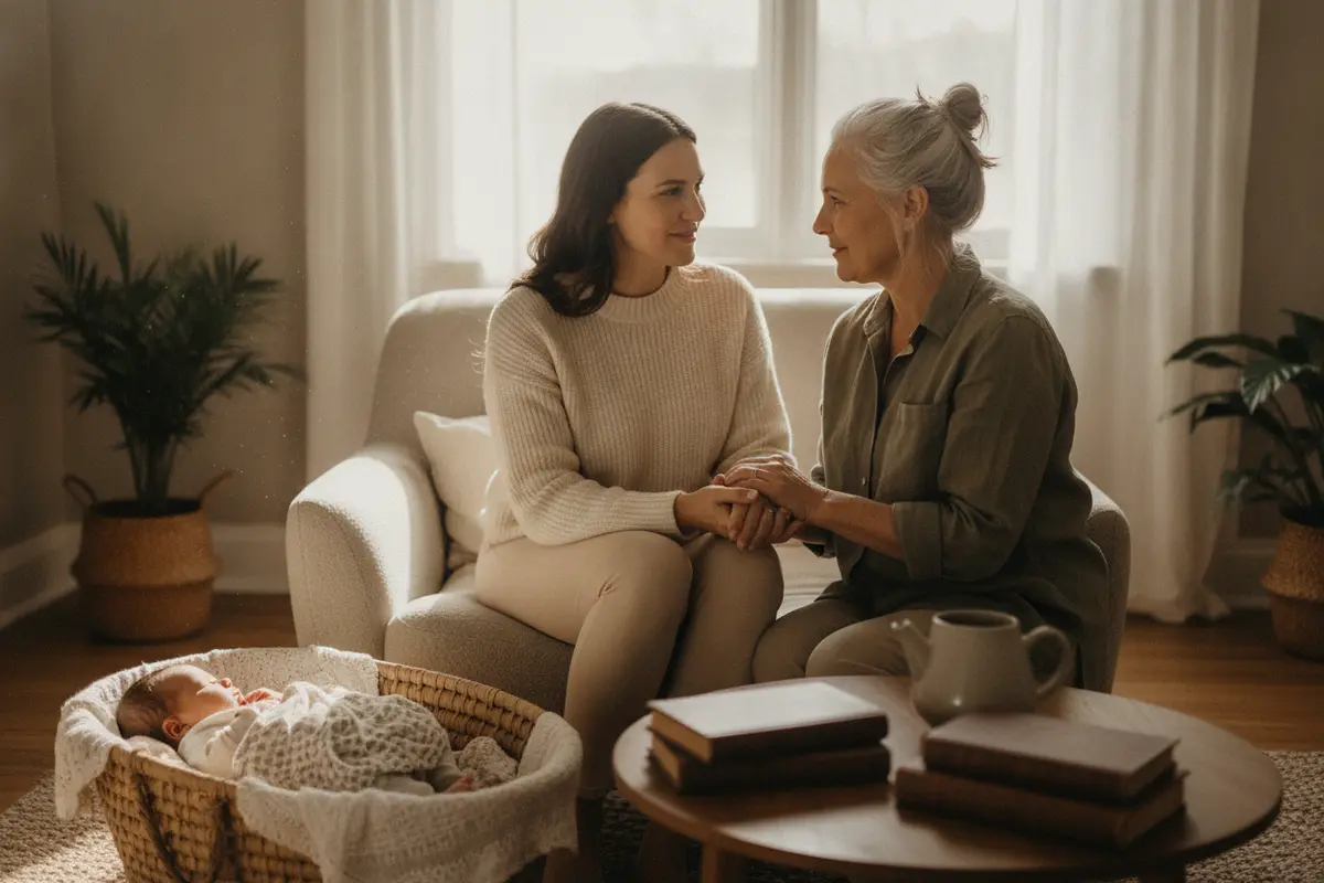 A new parent talks with a trusted support person at home while their baby rests nearby