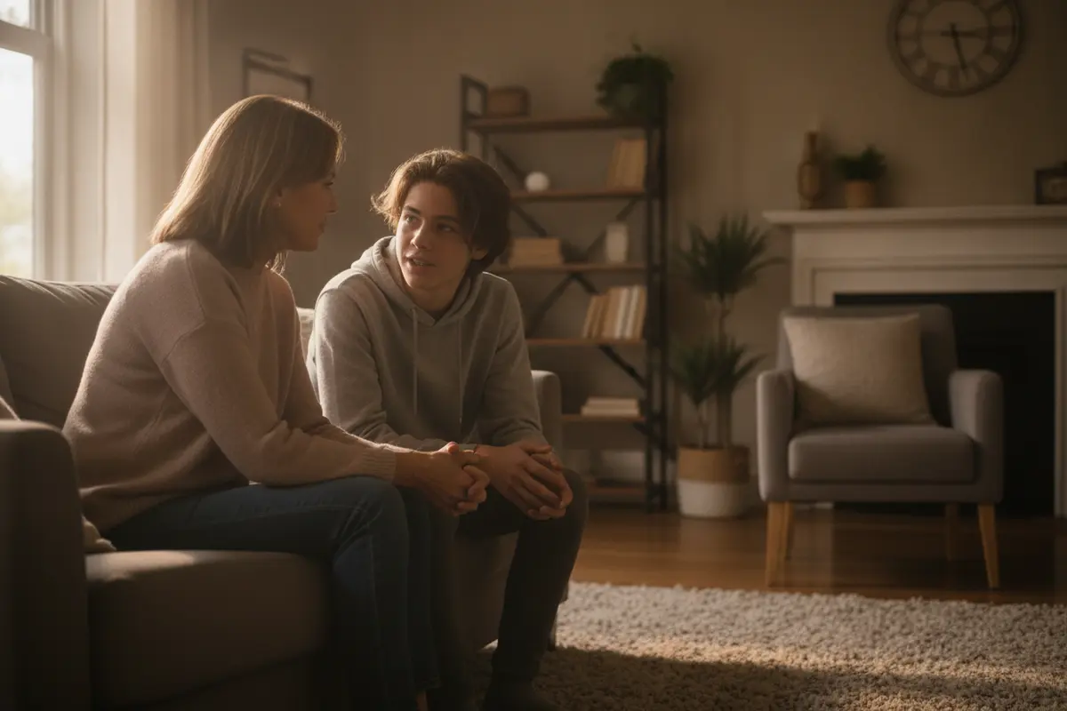 A parent listening to a teenager during a calm conversation at home