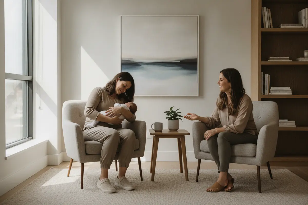 A parent talking with a supportive professional in a quiet counselling room