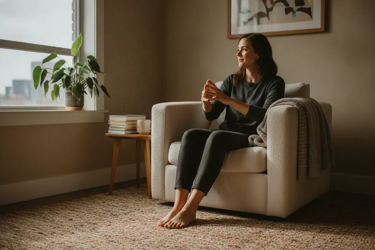 A person taking a quiet moment to feel grounded beside a window
