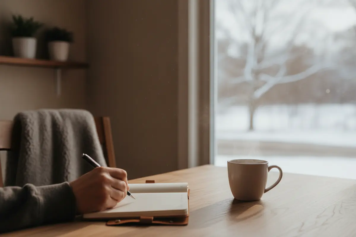 A person writing a short mood and routine note beside a window on a winter day