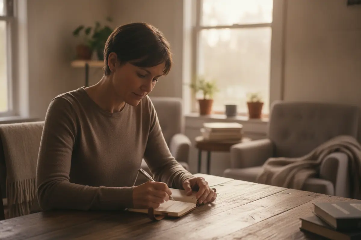 A person writing down questions and noticing health-related worries in a quiet room