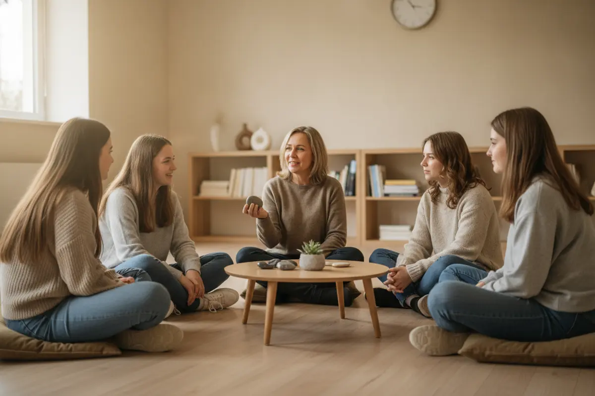 A small youth group taking part in a supportive discussion activity