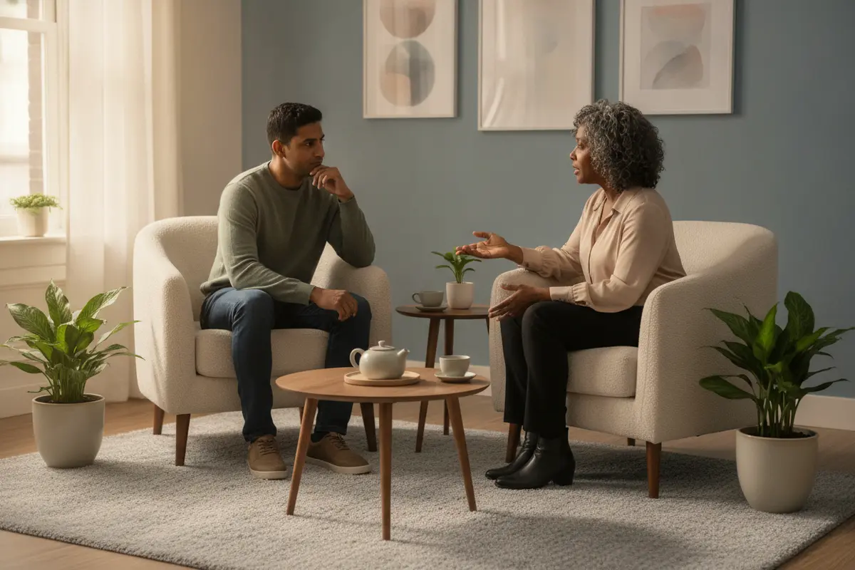 An adult speaking with a counsellor in a welcoming therapy room