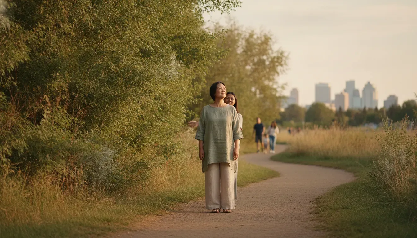 Adult taking a mindful pause in nature while living with chronic pain