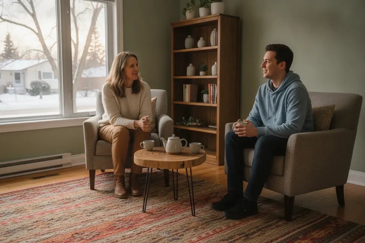 A calm counselling conversation in a warm Edmonton therapy office