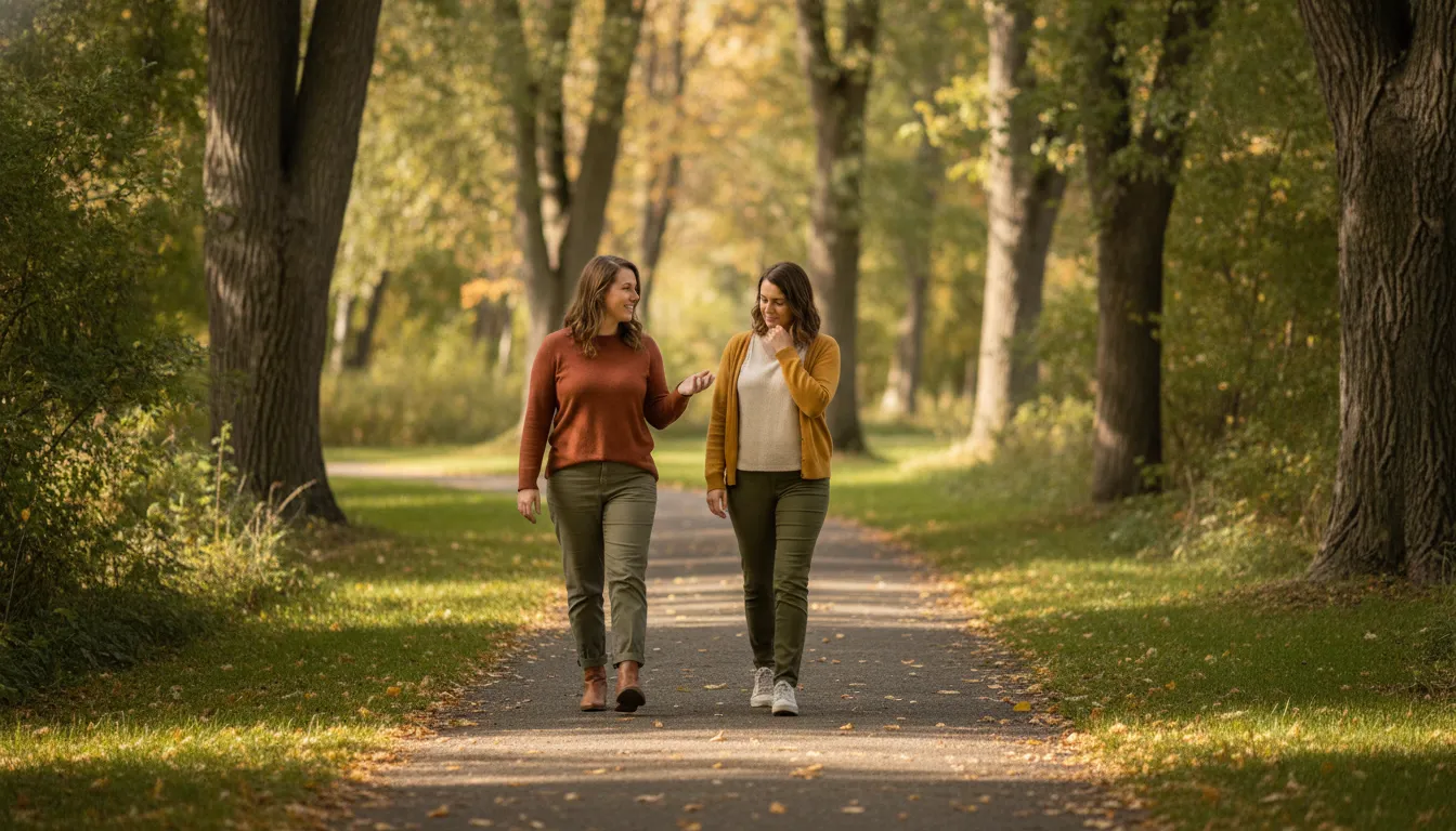 Two adults walking and talking as part of a supportive grief journey in Edmonton