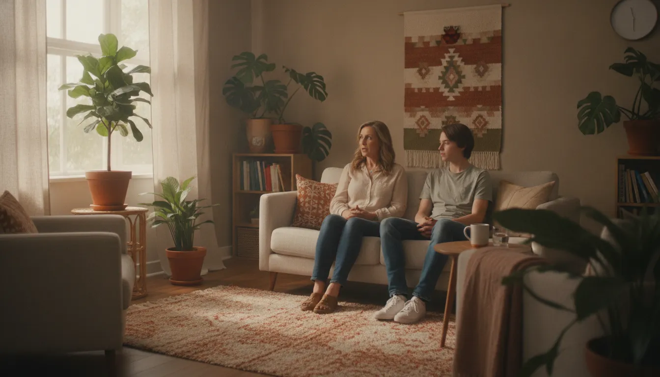 Teen speaking with a counsellor in a warm therapy room