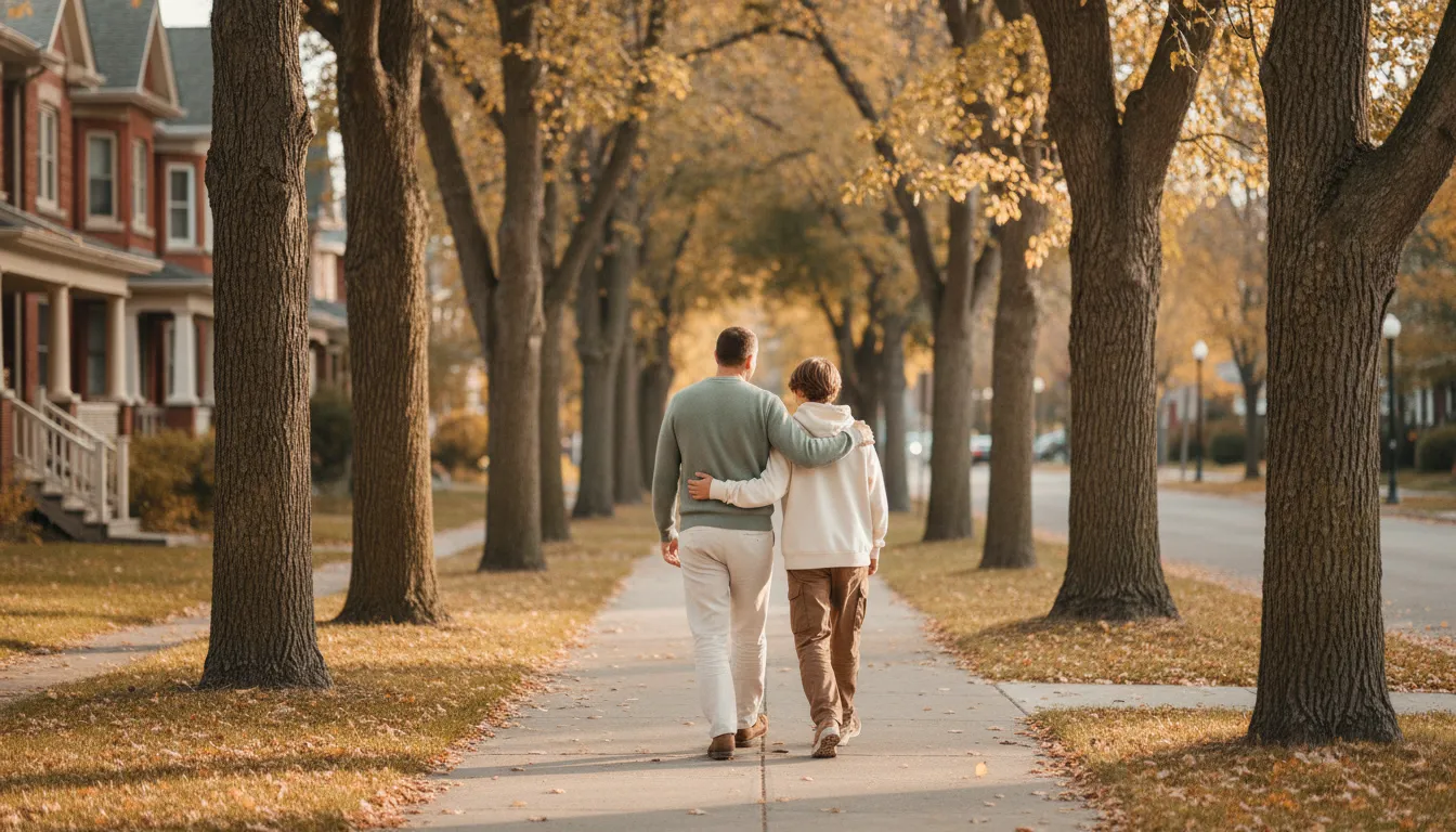 A parent and teenager walking together on a tree-lined autumn sidewalk