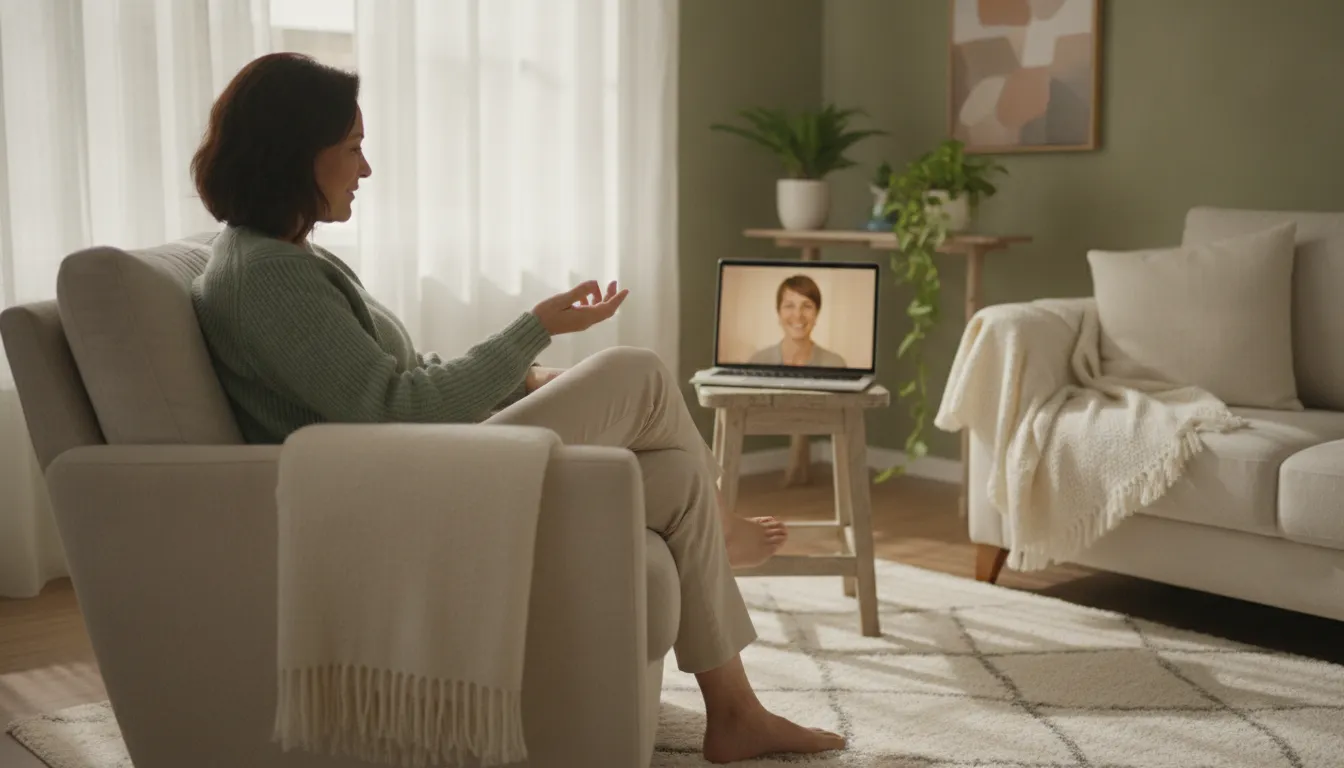 Adult in a quiet home setting during a virtual counselling conversation