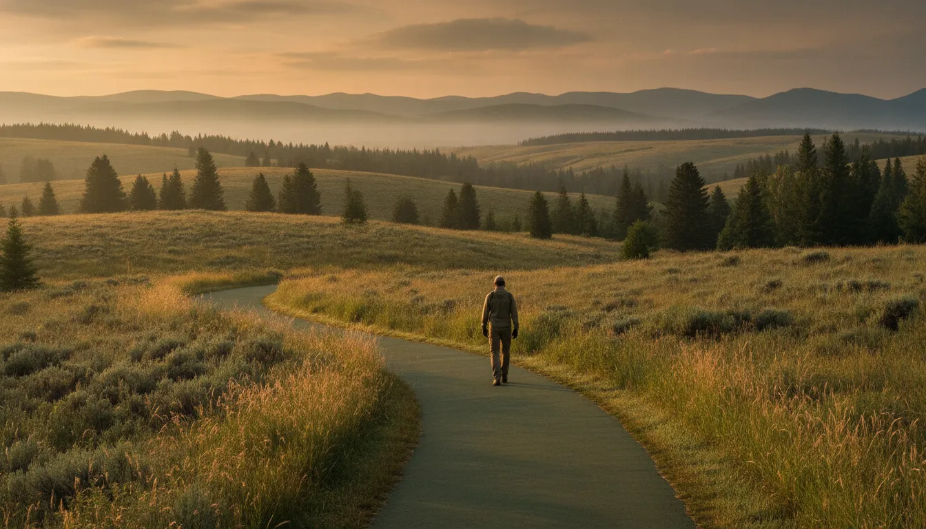 Person walking on a peaceful green path in soft morning light