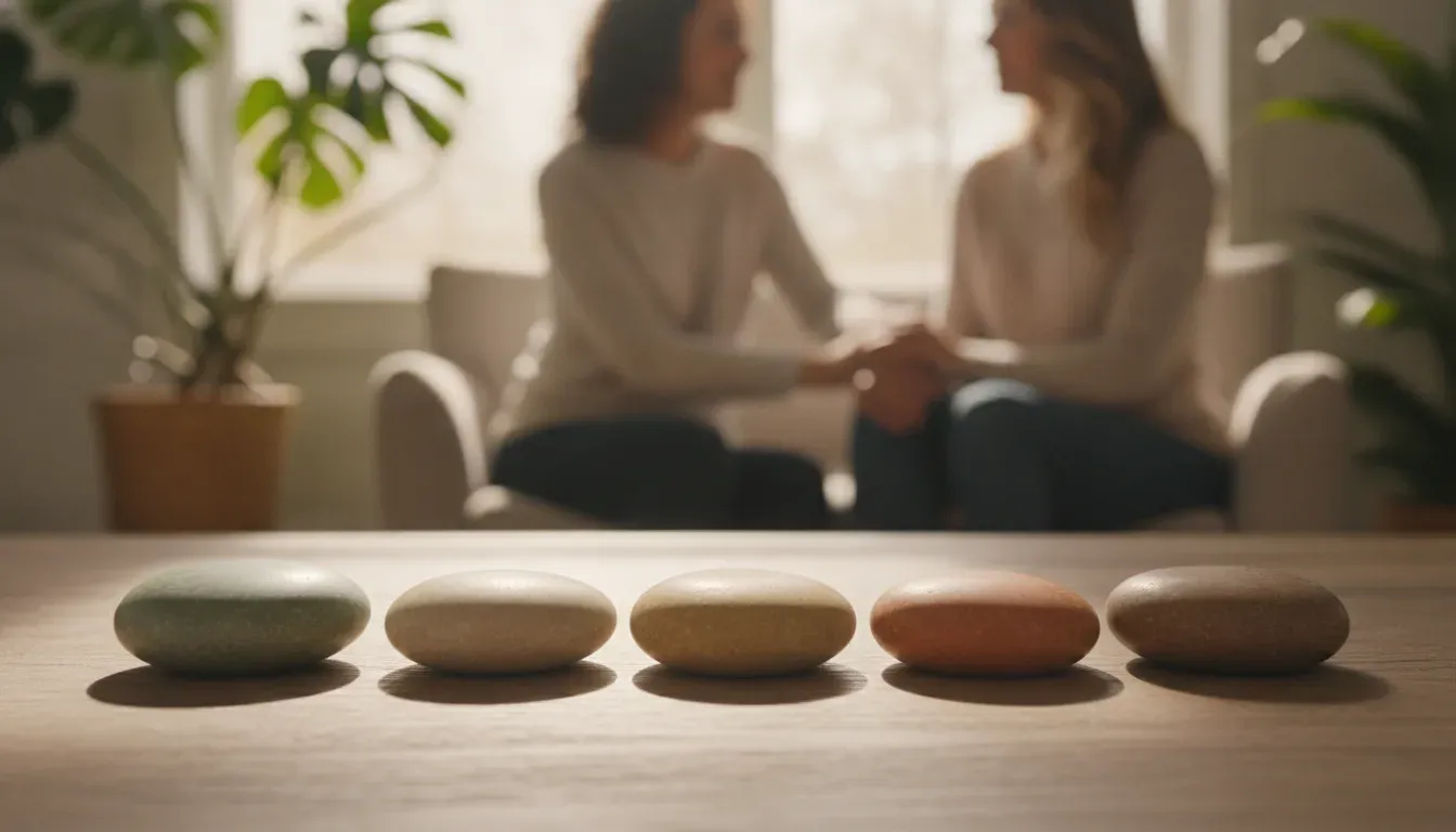 Five smooth stones representing questions to consider in LGBTQ+ couples counselling