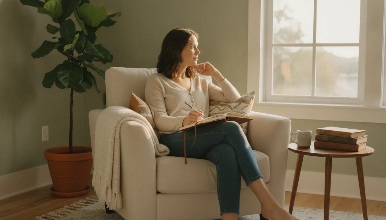 Person reflecting in a journal beside a plant in a calm counselling setting