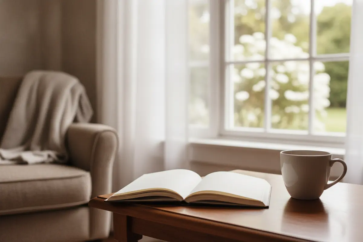 Notebook and cup of tea beside a window in a peaceful counselling setting