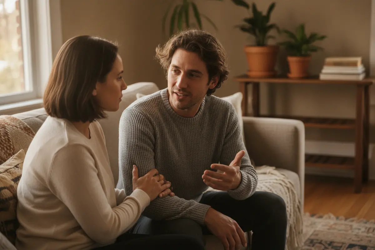 One partner listens attentively as the other shares how they have been feeling