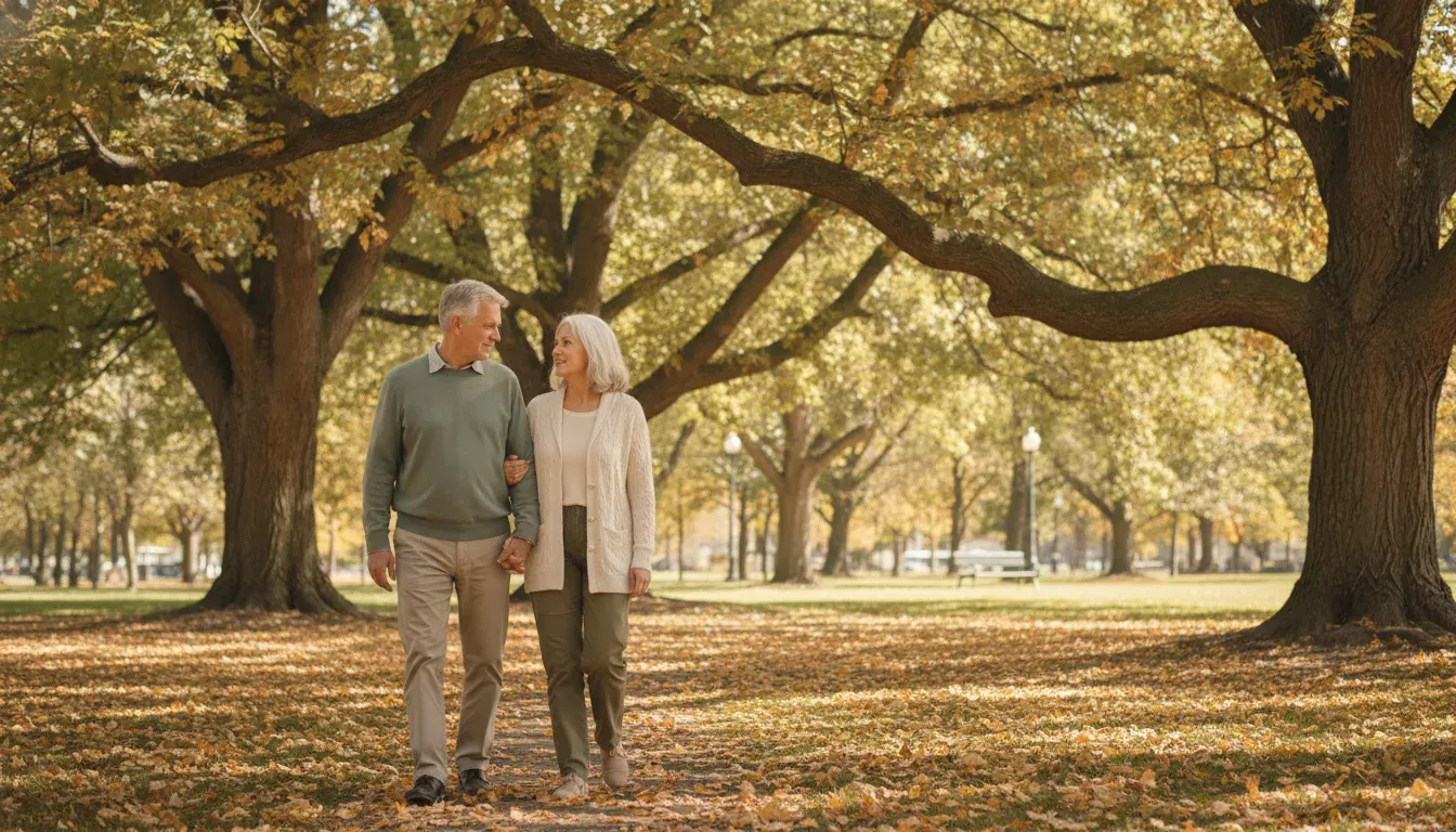 Older couple walking together while discussing support and life changes