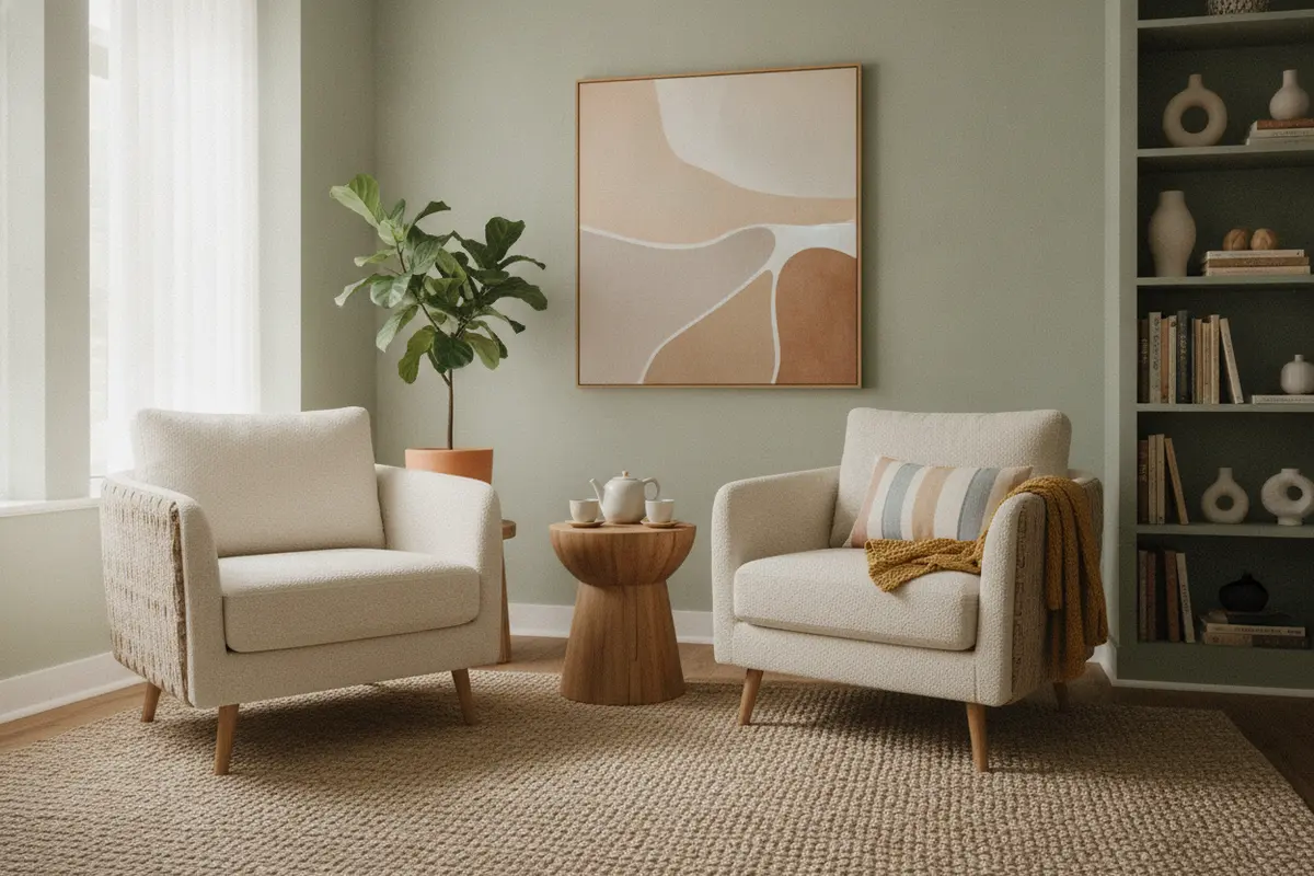 Two chairs in a calm counselling room with a small rainbow accent