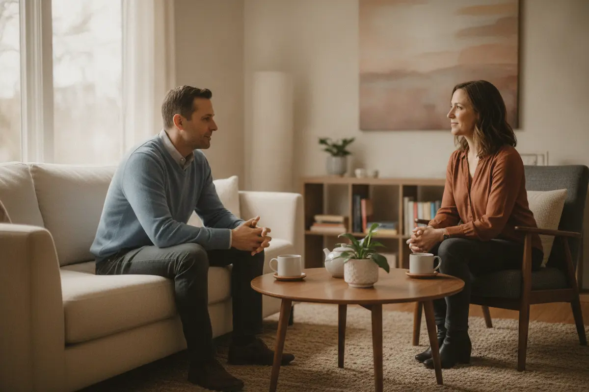Two people speaking together in a calm and supportive setting