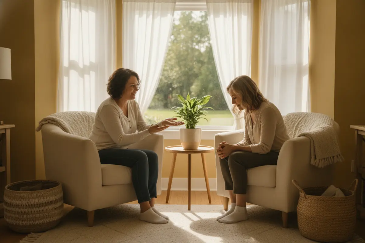 Two people speaking together in a calm counselling room