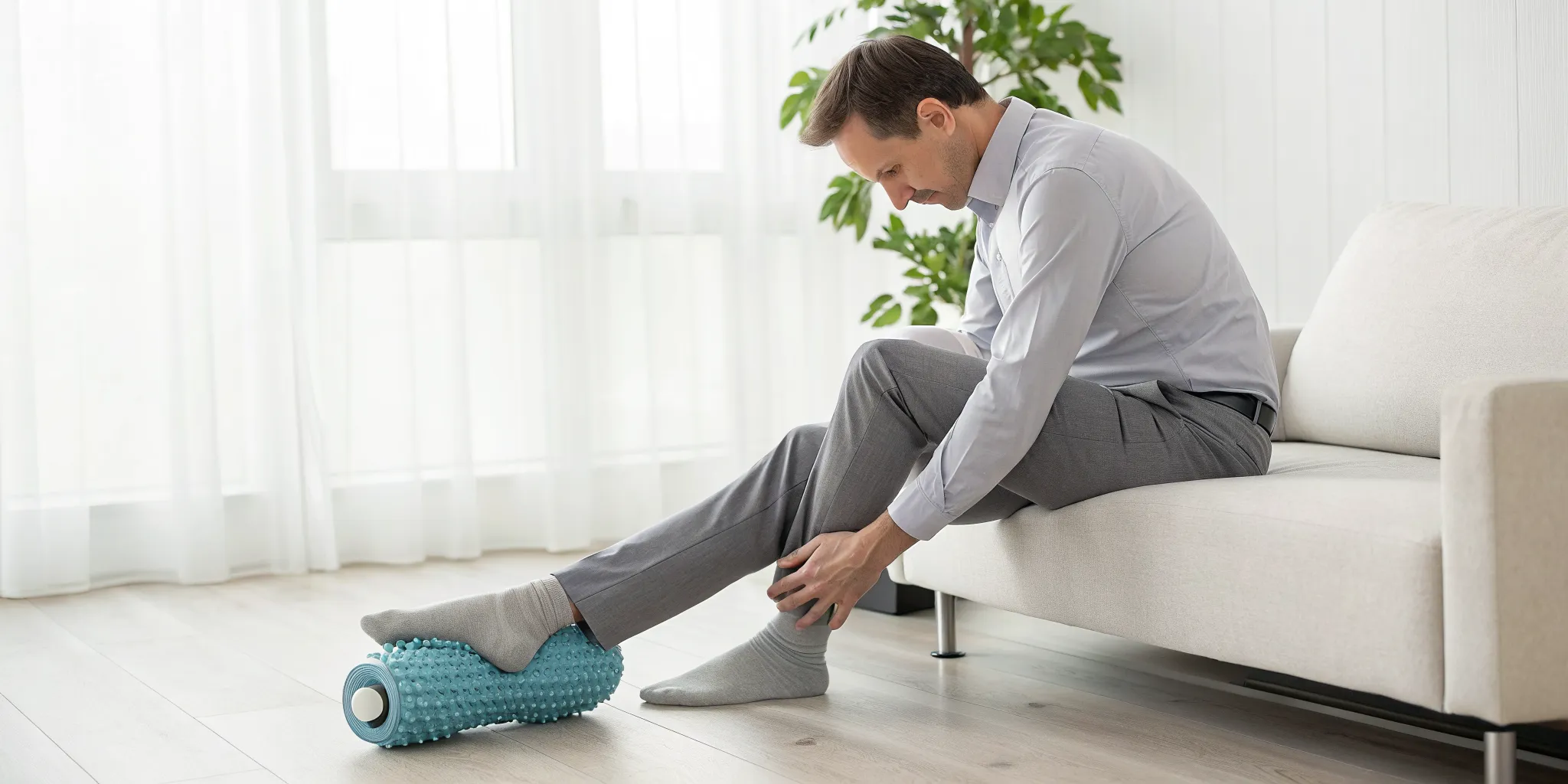 Man using a foam roller on his foot for neuropathy relief without medication.