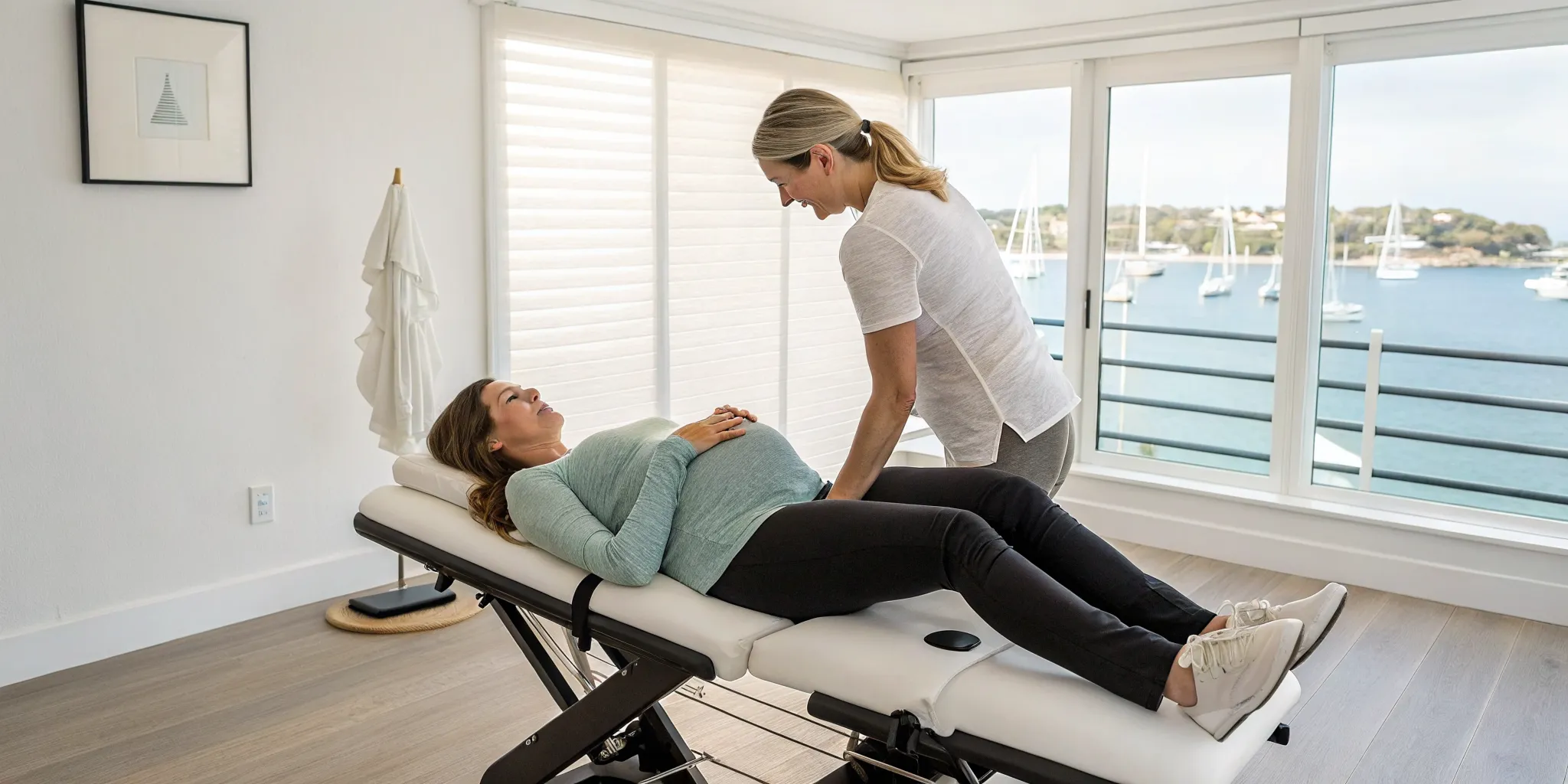 Pregnant woman finding relief with prenatal chiropractic care in Plymouth.