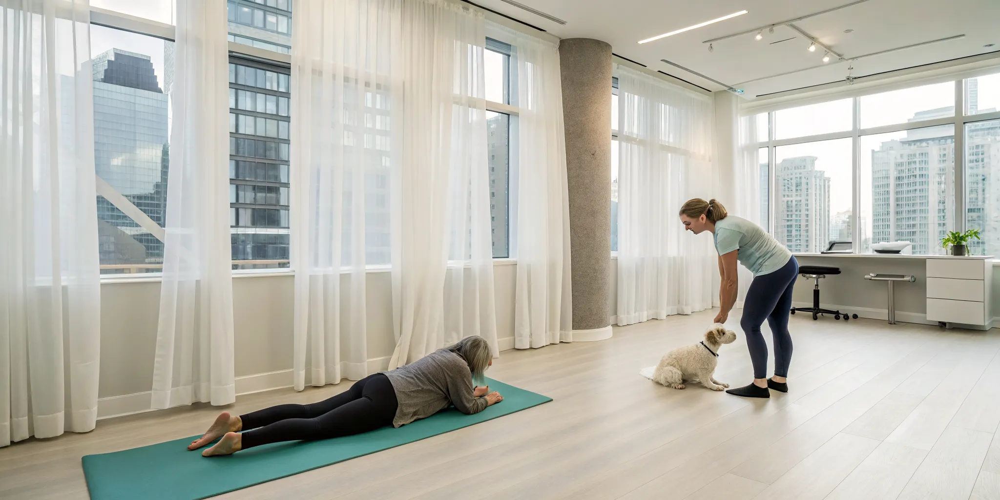 A physical therapist helps a woman with safe exercises for a slipped disc.