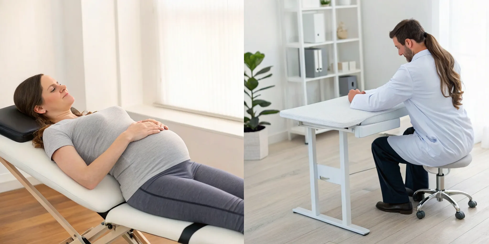 A pregnant woman receiving safe chiropractic care, weighing the pros and cons for a healthy pregnancy.