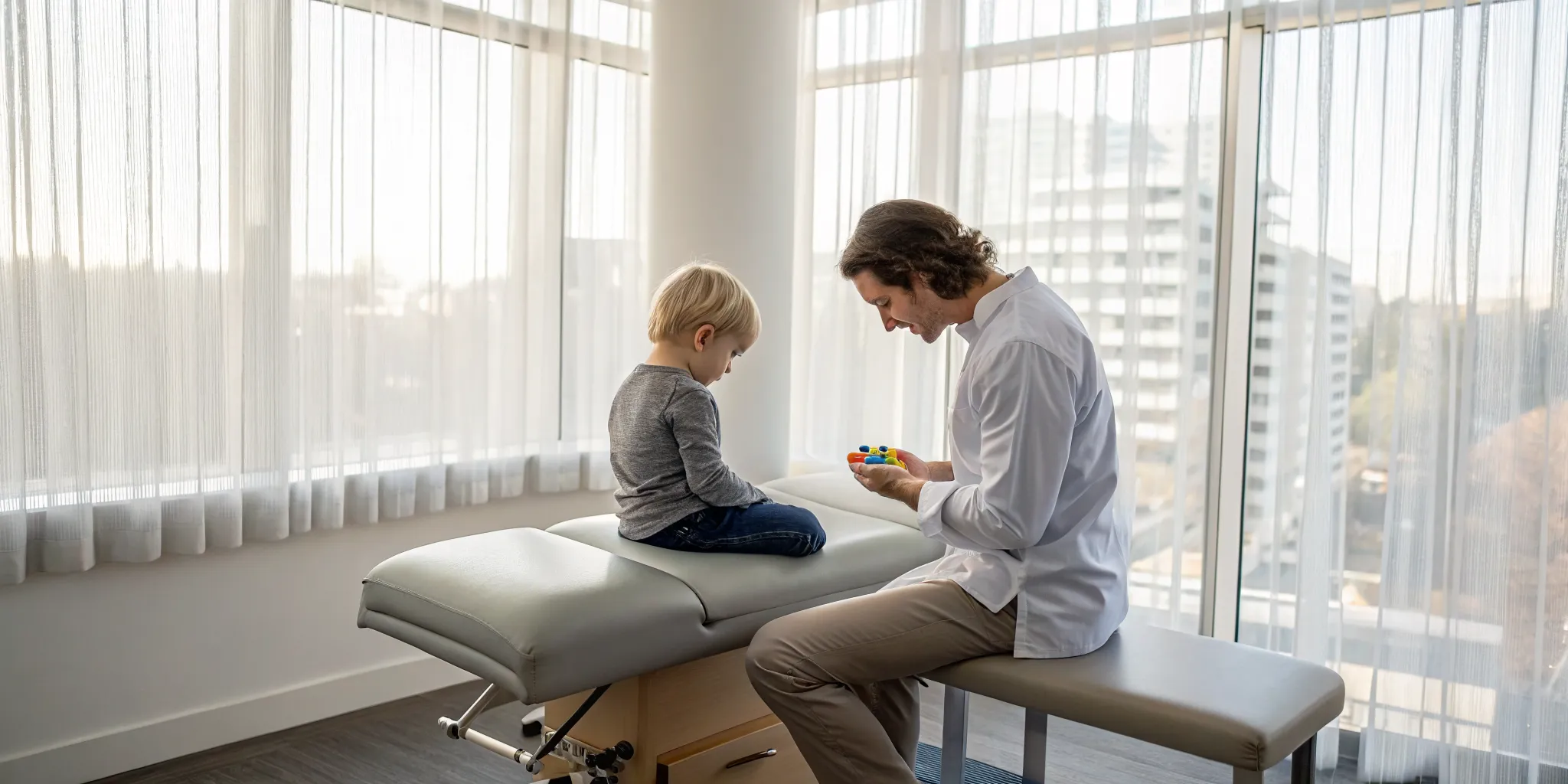 Pediatric chiropractor providing gentle spinal care for a child with autism.