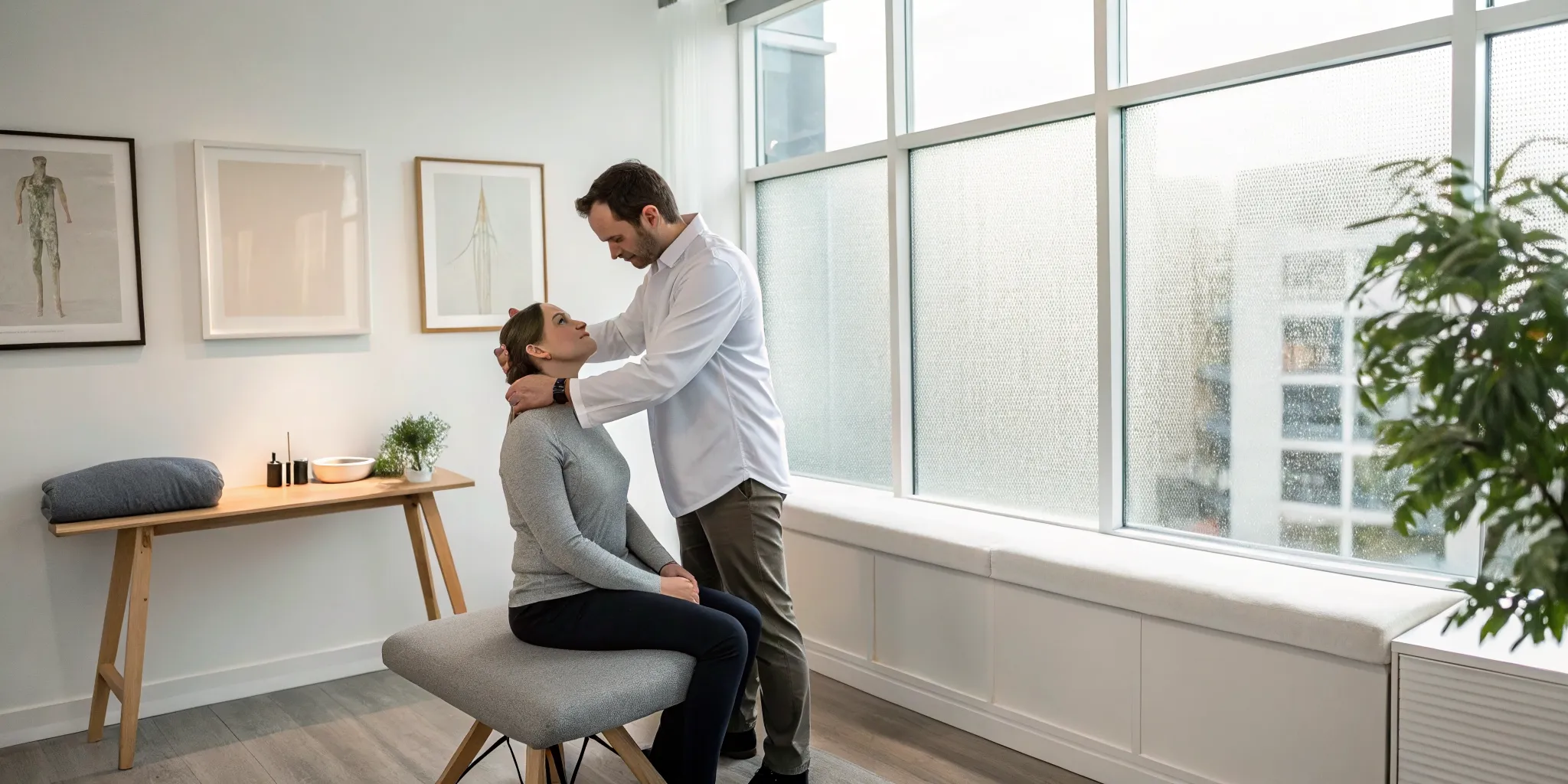 Upper cervical chiropractic adjustment for tension headache relief.