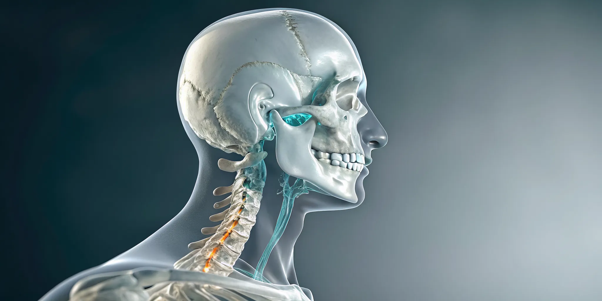 Anatomical model showing how neck misalignment can cause TMJ and jaw pain.