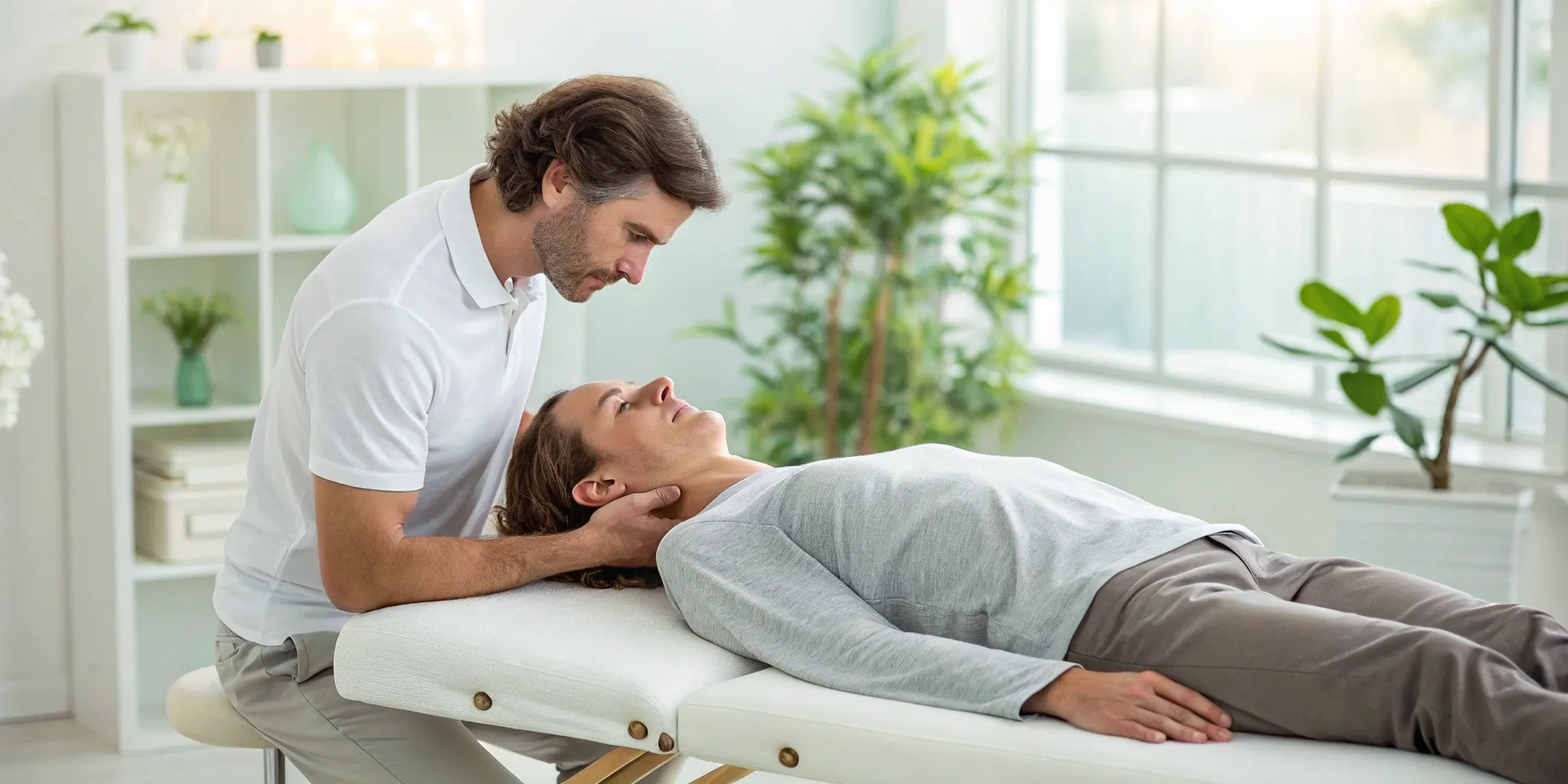 Chiropractor providing whiplash treatment with a gentle neck adjustment.