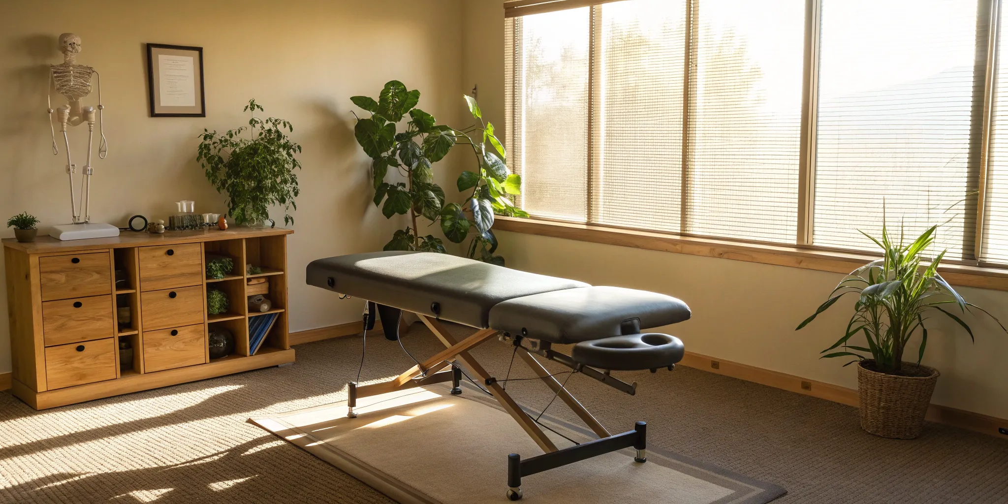 An evidence-based chiropractor's modern treatment room with an adjustable table for patient care.