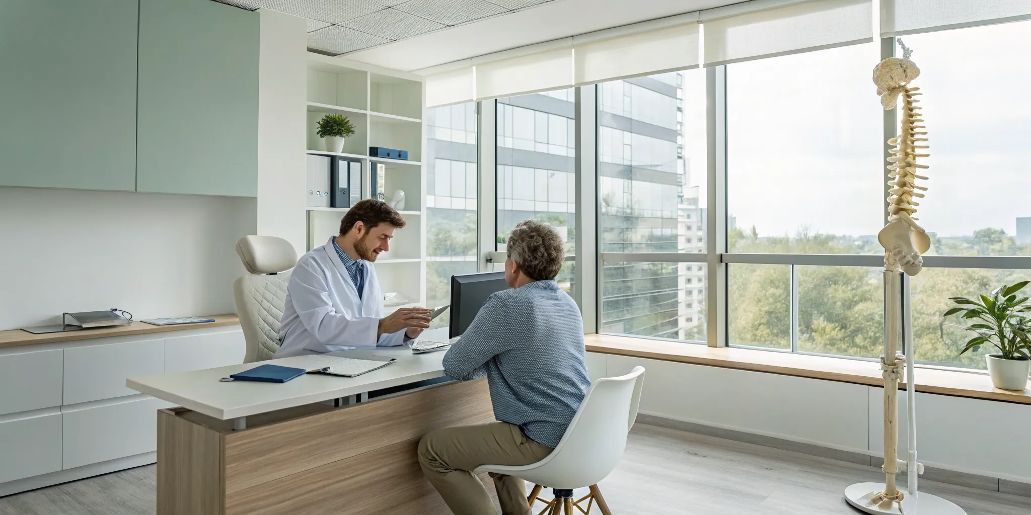 Saline chiropractor uses a spine model to explain back pain treatment to a patient.