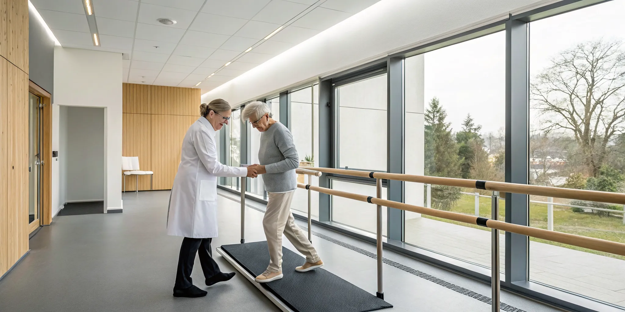 Vertigo specialist in Northville assisting a senior patient with balance therapy.