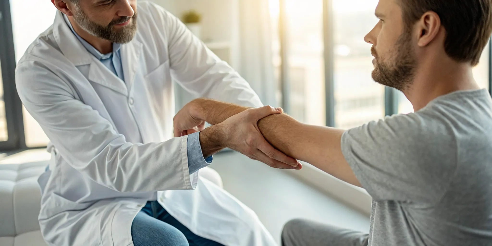 A chiropractor examining a patient's wrist to help with carpal tunnel.